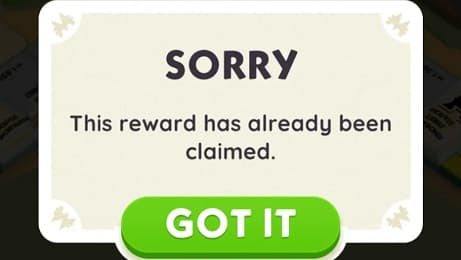 Monopoly Go error message saying reward cannot be claimed.